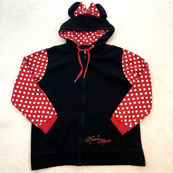 DISNEY PARKS Womens Minnie Mouse Hoodie Black Full Zip Red Ears & Bow - Picture 1 of 11